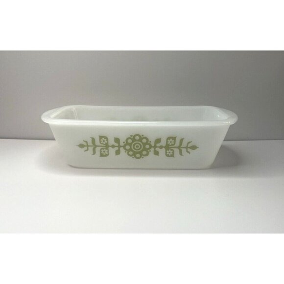 Jeannette / Glasbake Green Floral Medallion Milk Glass Loaf Pan Casserole Dish - Picture 1 of 4